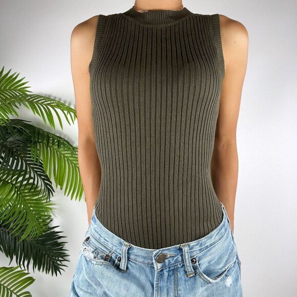 Altar'd State Women's Classy Granola Girl Green Ribbed Sleeveless Bodysuit / S - Picture 3 of 7